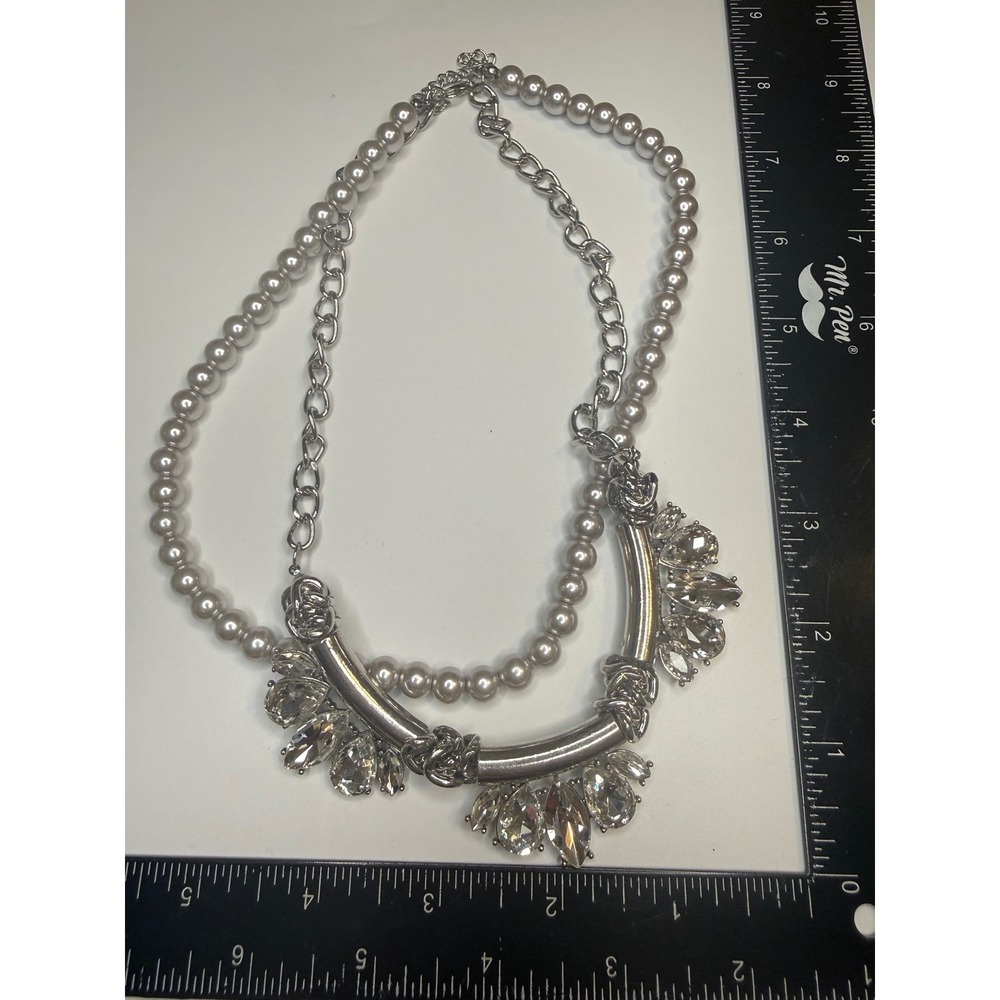 Silver Tone Faux Pearl Rhinestone Double Strand Statement Necklace Crystal Bar